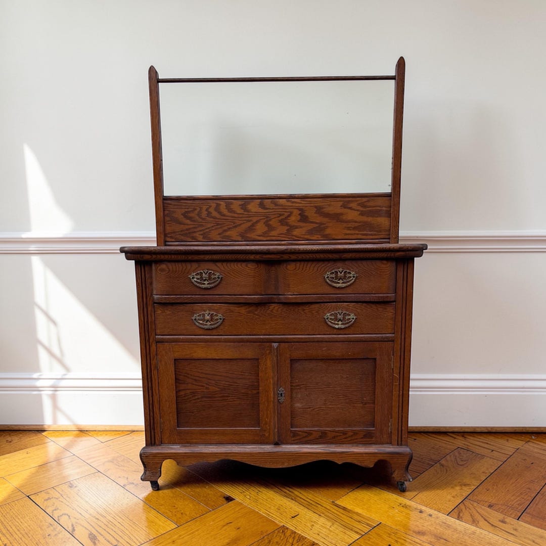 Antique Oak Washstand Cabinet With Towel Bar, Victorian Farmhouse Dry ...