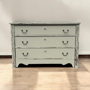white grey distressed dresser Gorgeous Antique Dresser, Painted Dresser, off White, Neutral Furniture, Farmhouse Furniture, Painted Bedroom, Solid Wood white grey chalk paint furniture