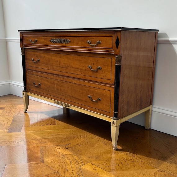 Vintage Neoclassical Empire Revival Mahogany Dresser, Hollywood Regency Bachelor Chest, Brass Mounted Chest Of Drawers, Ebonized Columns