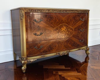 Vintage French Provincial Bombe Dresser,  Walnut Burl Marquetry Louis XV Chest, Hollywood Regency Bedroom Furniture, Ornate Wood Dresser