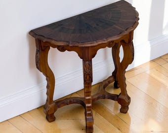 Vintage Italian Demilune Console Table, Walnut Sunburst Inlay, Baroque Rococo Style Entryway Table, Carved Wood Accent Table