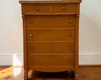 Cómoda antigua de arce ojo de pájaro, cómoda de seis cajones de estilo neocolonial, escritorio de dormitorio victoriano, cómoda alta vintage de madera