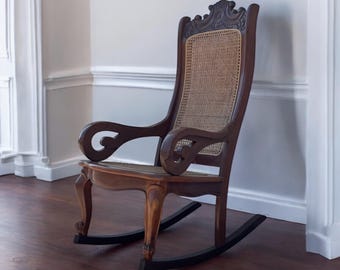 Preciosa mecedora victoriana antigua, sala de estar victoriana, mecedora de caña, silla de sala de estar antigua, sala de estar de madera maciza