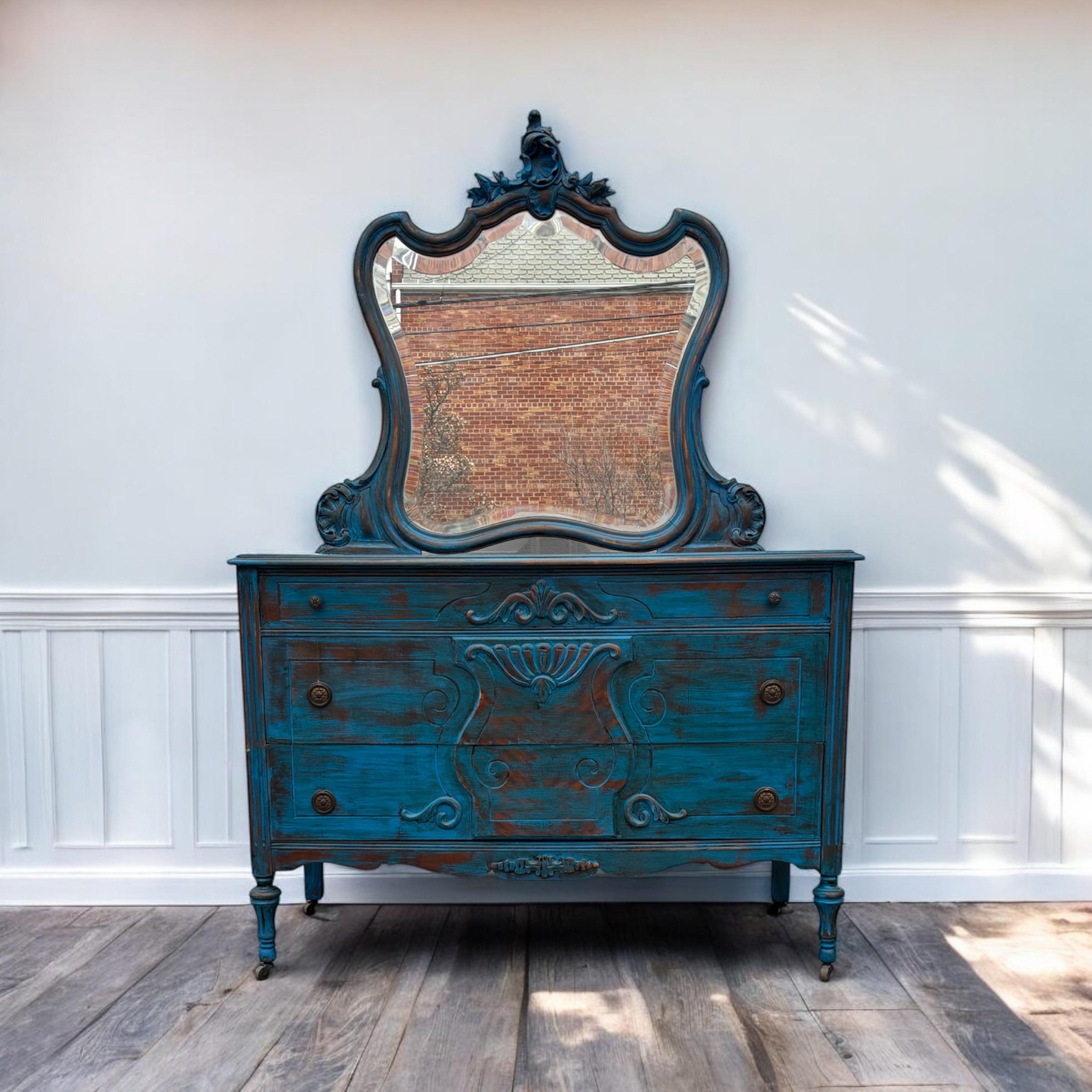 Stunning Antique Weathered Dresser, Rustic, Distressed, Beach House Furniture, Colorful Furniture, Blue Bedroom Dresser, Wide Dresser, Wood