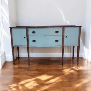 Vintage Farmhouse Sideboard Buffet, Blue Distressed Console Table, Coastal Cottage Credenza, Entryway Cabinet, Rustic Storage Furniture