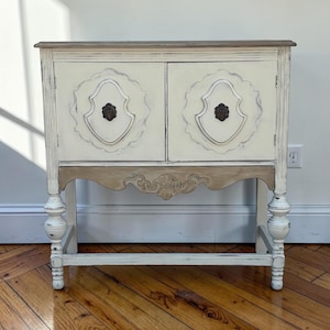 Farmhouse Distressed Neutral Cabinet | Vintage Rustic Sideboard | Shabby Chic Painted Console | Entryway Storage Cabinet | Wood Bar Cabinet