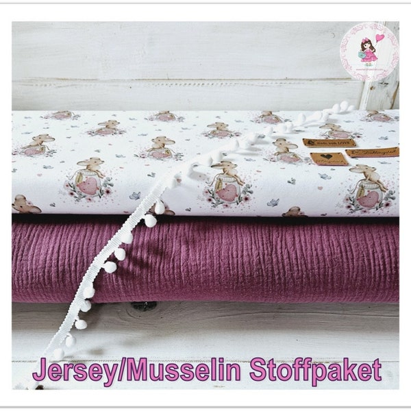 Jersey Maus /Musselin beere  DIY Stoffpaket mit Zubehör