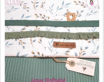 Jersey/gaufre tricot paquet de tissu bricolage vieilles fleurs de champ vert avec accessoires