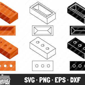 Puede incluir: Un conjunto de nueve contornos de ladrillos en negro y naranja. Los ladrillos se muestran en diferentes orientaciones, incluyendo una vista lateral, una vista superior y una vista tridimensional. Los ladrillos tienen agujeros y una ranura en la parte superior. El texto "The Hatched Cottage" está en la parte inferior de la imagen.