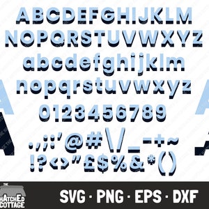 Peut inclure: Une police de caractères 3D bleu clair avec des lettres majuscules et minuscules, des chiffres et des signes de ponctuation. La police a un effet d'ombre. Le texte "SVG.PNG.EPS.DXF" est en bas de l'image.