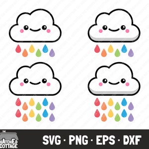 Rainbow Raincloud SVG, Cloud Rainbow Raindrops Cut Files, Clip Art, png, eps, dxf
