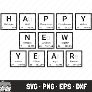 Felice Anno Nuovo Tavola Periodica SVG, Tavola Periodica Parole Taglia File, Elementi di Chimica Anno Nuovo, Clip Art, png, eps, dxf