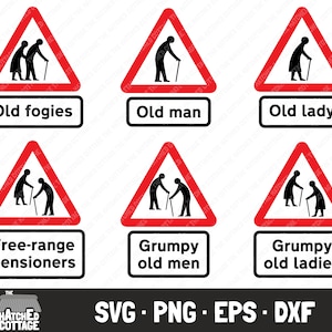 放し飼いの年金受給者 SVG、年金受給者警告道路標識 SVG、高齢者レイヤーカットファイル、クリップアート、png、eps、dxf