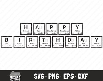 May include: Black and white graphic of the word "HAPPY BIRTHDAY" spelled out using the chemical element symbols and names. The graphic is perfect for a birthday card, party decoration, or gift.