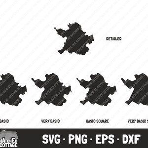 Puede incluir: Un esquema en blanco y negro de un mapa de la ciudad en cinco estilos diferentes: detallado, básico, muy básico, cuadrado básico y cuadrado muy básico. El texto "SVG - PNG - EPS - DXF" está en la parte inferior de la imagen.