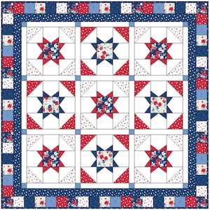 Pode incluir: Uma colcha com um padrão de estrelas vermelho, branco e azul. As estrelas são feitas de tecido floral e são cercadas por quadrados brancos. A colcha é bordada com um tecido estampado azul e branco.