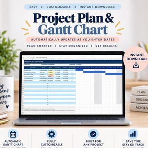 May include: A digital project plan and Gantt chart template for Microsoft Excel displayed on a laptop screen. The interface features columns for task activity, owner, status, start date, end date, and duration, with a visual timeline grid.
