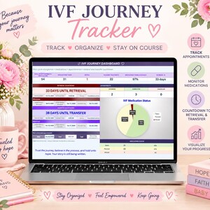 May include: A digital IVF journey tracker displayed on a laptop screen, featuring a dashboard with medication status, countdowns for retrieval and transfer, and appointment tracking. The interface includes charts, tables, and progress metrics.