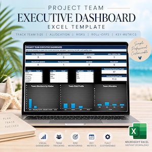 May include: A laptop screen displaying a Project Team Executive Dashboard Excel template. The interface includes data tables for team members, risk profiles, and allocation metrics, alongside bar charts visualizing team status and project risks.