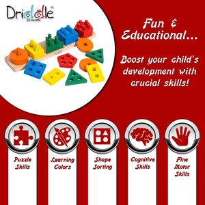 May include: A wooden shape sorter toy featuring a variety of brightly coloured geometric shapes, including squares, rectangles, triangles, and circles. The toy is designed to aid children in developing puzzle skills, learning colours, and enhancing fine motor skills. The text says "Fun & Educational..."