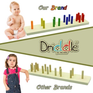 May include: A wooden peg board featuring a variety of coloured pegs, including orange, yellow, green, blue, and red. The board is rectangular with evenly spaced holes. The image also includes the text "Our Brand" and "Dridddle for the little".