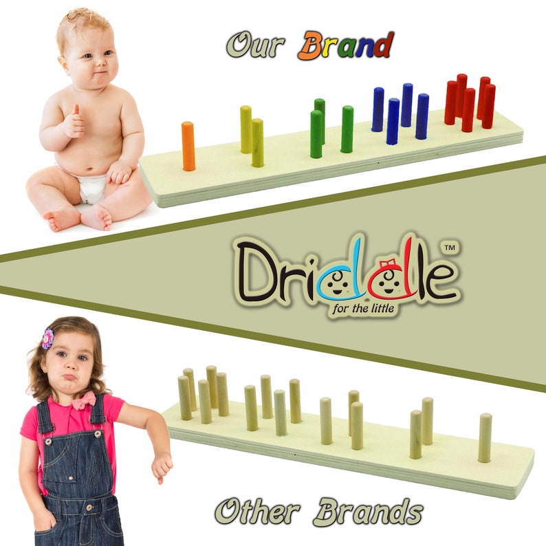 May include: A wooden peg board featuring a variety of coloured pegs, including orange, yellow, green, blue, and red. The board is rectangular with evenly spaced holes. The image also includes the text "Our Brand" and "Dridddle for the little".