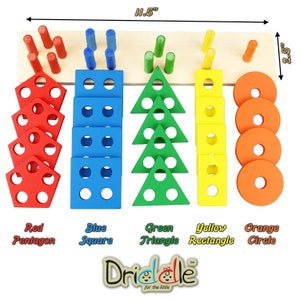 May include: A wooden shape sorter toy featuring red pentagons, blue squares, green triangles, yellow rectangles, and orange circles. The wooden base measures 29.2 cm long and 6.4 cm wide. The toy is designed for little ones.