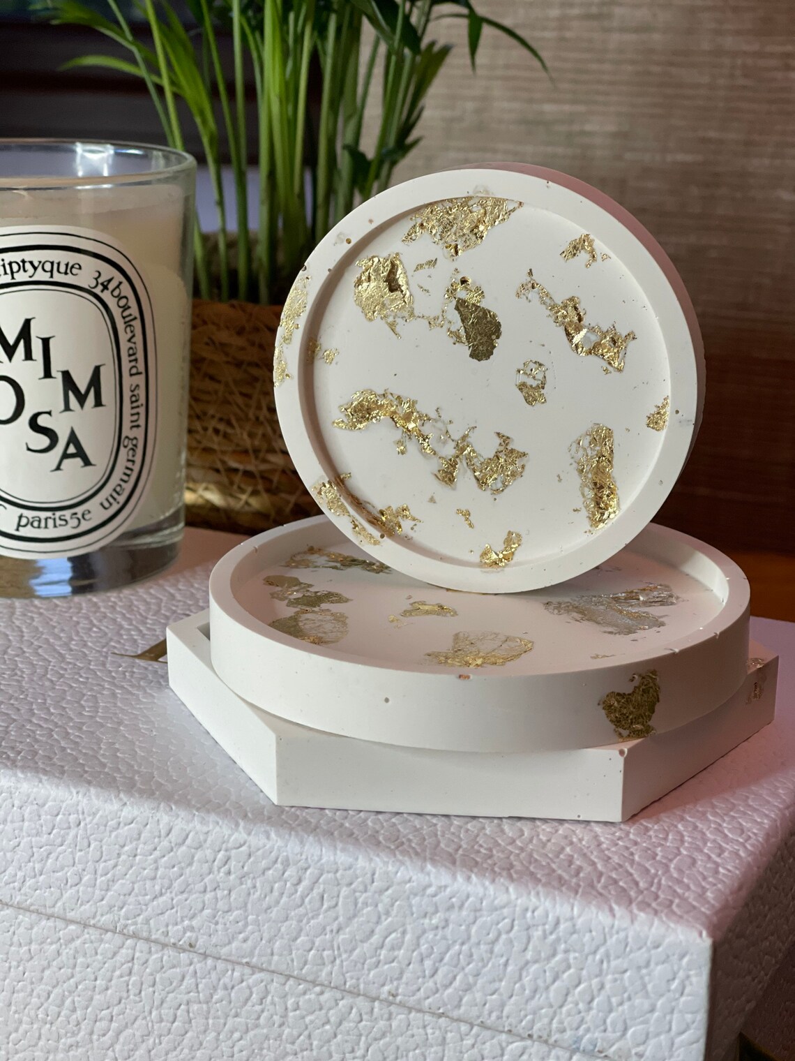 White & gold coaster candle coaster decorative plate Etsy