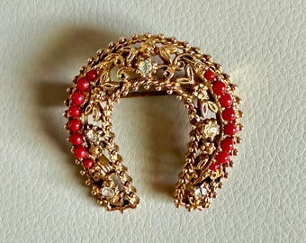 Vintage Florenza Victorian Revival Lucky Horseshoe Brooch | Gold Tone Pin | Mid Century Collectible Jewelry | Lucky Charm Brooch