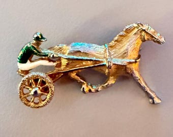 Vintage Gerry's Horse & Jockey Brooch | Gold Tone Harness Racing Sulky Pin | Spinning Wheel Derby Brooch | Equestrian Jewelry Gift