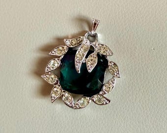 Vintage 1969 Sarah Coventry "Holiday Ice" Pendant | Emerald Green Crystal & Rhinestone Necklace | Silver Tone Statement Pendant