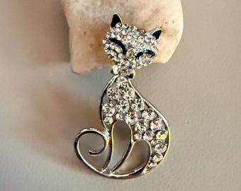 Vintage Rhinestone Cat Brooch | Silver Tone Crystal Kitty Pin | Sparkly Feline Costume Jewelry | Cute Cat Lover Gift | Mid Century Style