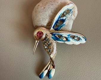 Vintage Blue Enamel Hummingbird Brooch | Gold Tone Bird Pin with Rhinestones | Mid Century Hummingbird Jewelry
