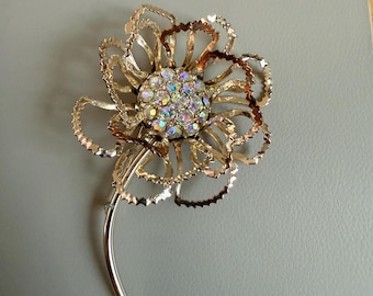 Vintage 1960s Sarah Coventry “Allusion” Brooch Pin, Sparkling AB Aurora Borealis Rhinestones, Gold Tone Flower