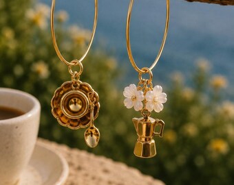 Espresso Hour Caffè Earrings • Waterproof 18K Gold PVD Italian Asymmetrical Hoops • Hypoallergenic
