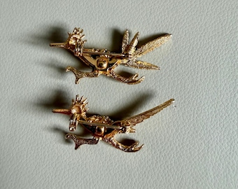 Vintage Gold Tone Stylized Bird Brooch | Mid Century Roadrunner-Inspired Pin with Blue Rhinestone Eye | Whimsical Costume Jewelry