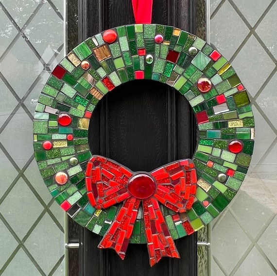 Handmade Glass Mosaic Christmas Wreath | Green With Red Bow - Etsy