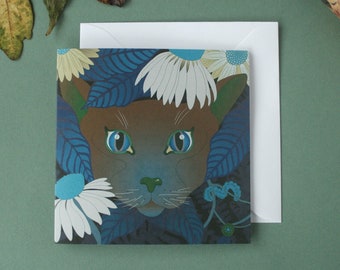 Blank Greeting Card - Illustration - Garden Cat - Botanical - Cat Eyes