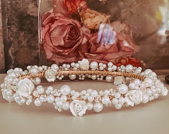 Rose & Pearl Tiara, Fairy Princess Crown, Bridal Crown, Bridal Head Piece, Princess Tiara, Cosplay Tiara, Costume Crown, Halloween Crown
