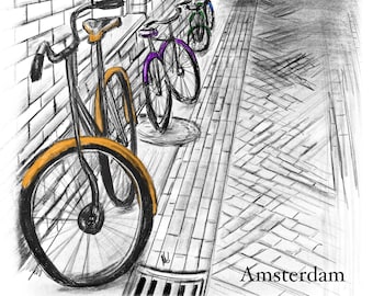 Amsterdam Bicycles Print, Graphite Illustration (Digital Download)