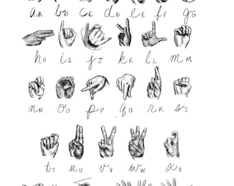 Alfabeto della lingua dei segni americana / Stampe digitali / Schizzo a matita / Stampabile / Stampa verticale