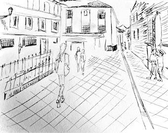 Schizzo di paesaggio urbano di Cusco, Perù, penna e inchiostro, stampabile in digitale