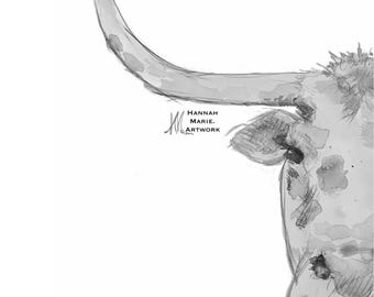 Longhorn, Acquerello, Bianco e nero, Minimalista, Stampa quadrata, Stampa digitale, Arte texana, Animali
