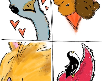 Hand Drawn Animal Valentine Cards, Bundle of 4, Blank Notecards (Digital Download)