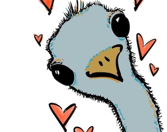 Ostrich with hearts, Art Print, markers in Procreate, various sizes