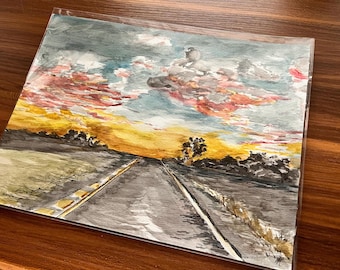 Pink Sunset Watercolor Painting: Original Texas Landscape Art (9x12”)