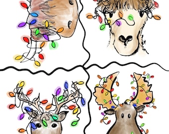 Holiday cards, 4.25x5.5”, bundle of 4, blank animal notecards