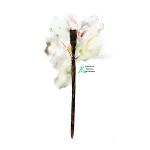 May include: A watercolor painting of a paintbrush with a brown handle and white bristles. The brush is surrounded by a white, yellow, and pink watercolor wash. The text "HANNAH MARIE. ARTWORK" is written in black at the bottom of the image.