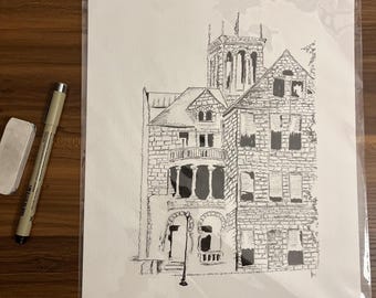City Hall Pen and Ink Drawing, Original Art, 9x12"