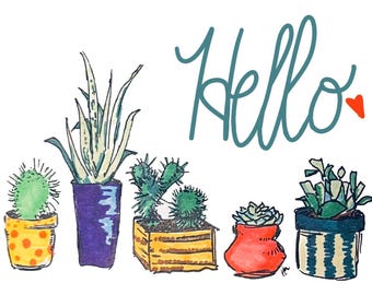 Plant card with Hello, Greeting, hand drawn, Blank Card (4.25x5.5"), notecards